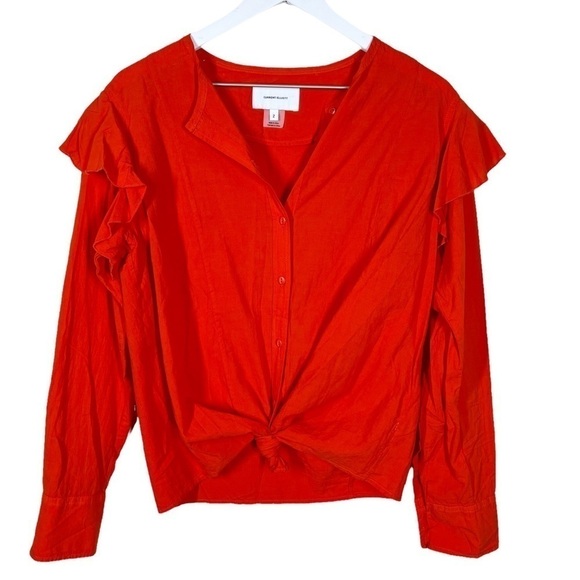 Current Elliot The Asley Button Up Ruffle Shirt Front Knot Size Medium Cotton - Picture 3 of 12